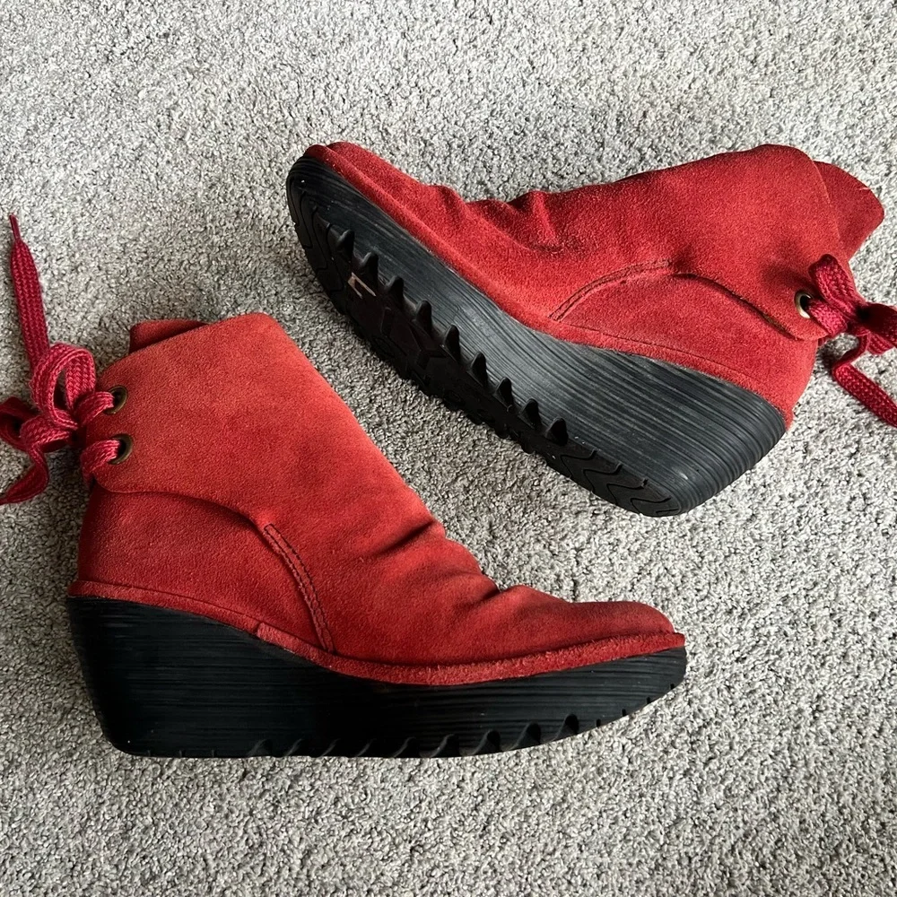 Fly London Ankle Boots Yama Size 39 Wedge Brick Suede Lace Up Ankle Booties